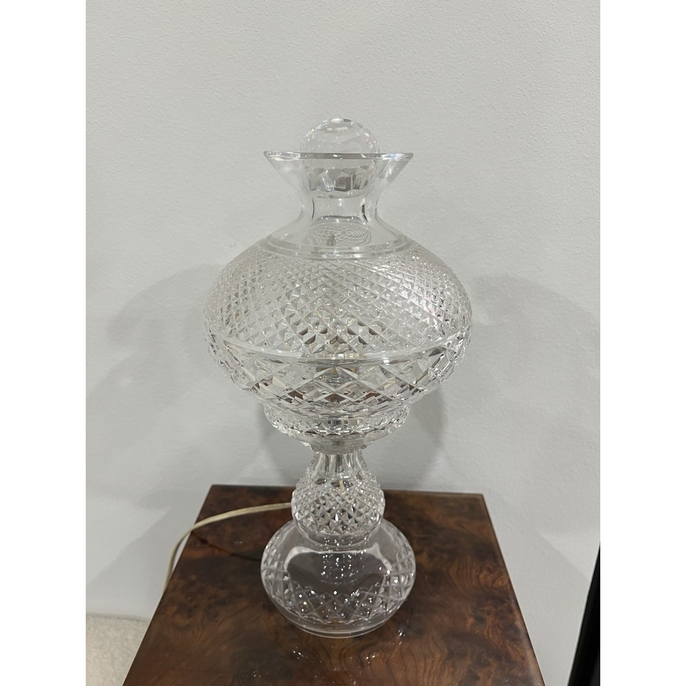 Waterford Signed Alana Cut Crystal Inishmaan Electric Hurricane Lamp 2-piece 14"